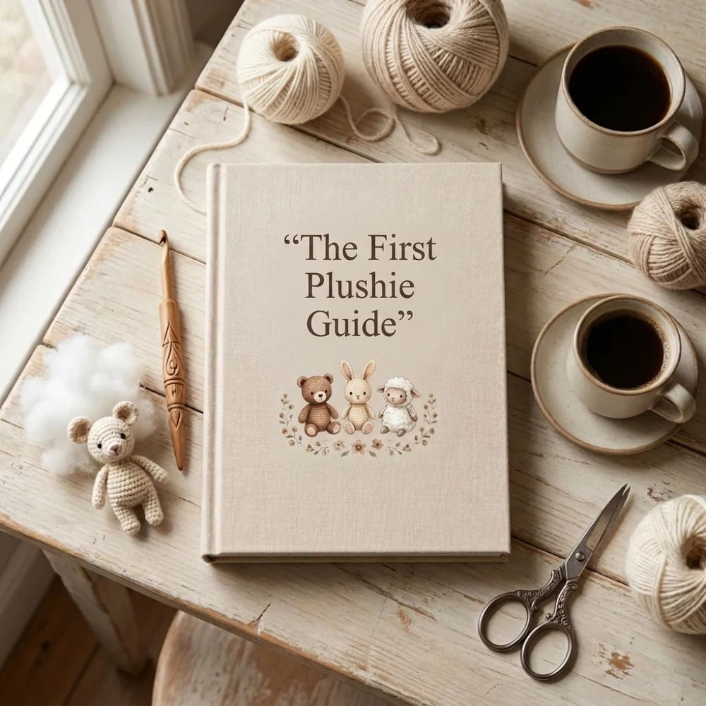 Beginner plushie guide book on a table with yarn, a crochet hook, scissors and a small crocheted bear