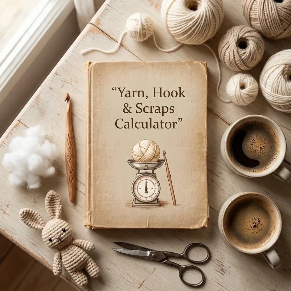 Yarn, hook and scraps calculator book beside balls of yarn, a wooden hook and a crocheted bunny