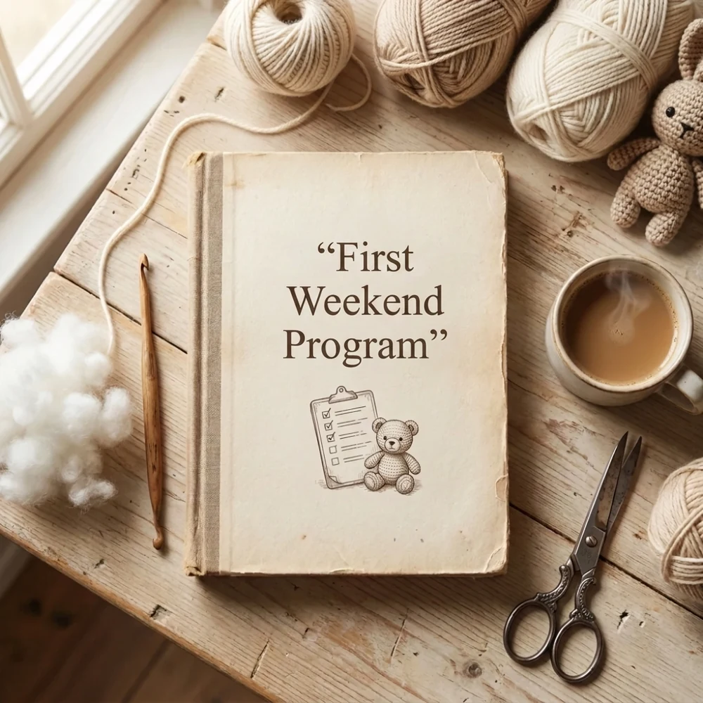 First weekend program book with a clipboard checklist, a wooden hook, yarn and a crocheted bunny