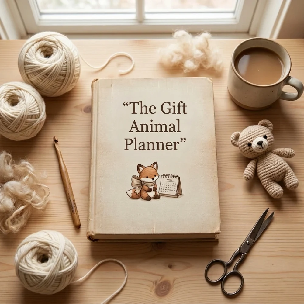Gift animal planner book on a desk with yarn, a crochet hook, a mug and a small crocheted bear