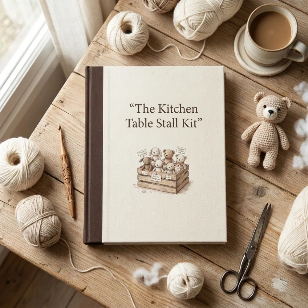 Craft stall kit book on a wooden table with yarn, a crochet hook, scissors and a crocheted bear