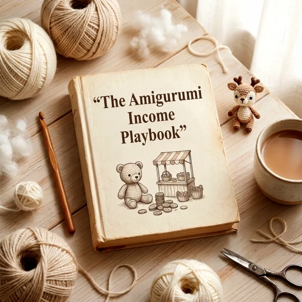 Amigurumi income playbook book with a drawn market stall, a crocheted deer and yarn