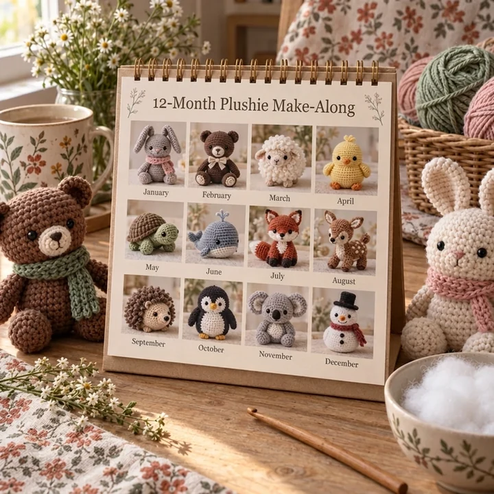 Twelve-month plushie make-along calendar with a different crocheted animal for each month