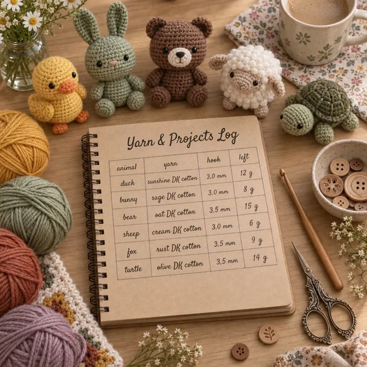 Yarn and projects log listing animal, yarn, hook size and grams left, beside crocheted animals and yarn