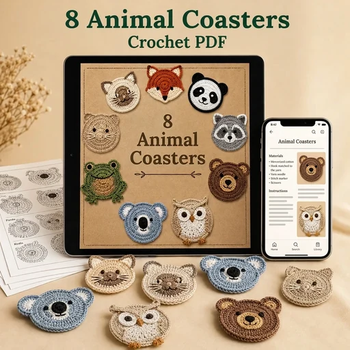 Eight crochet animal coasters (cat, fox, panda, koala, owl and more) with printed pattern pages and a phone