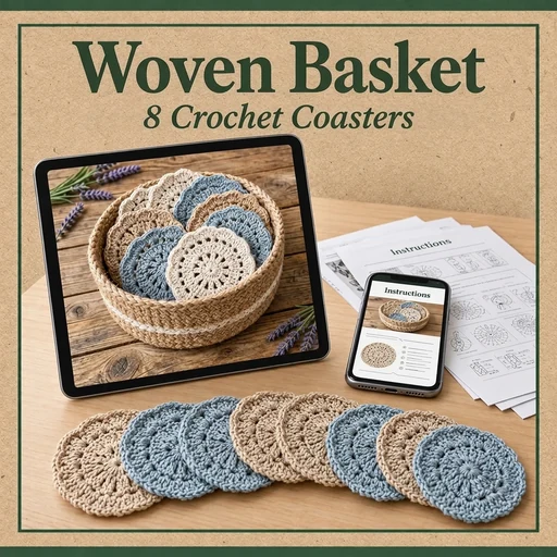 Eight blue and beige crochet coasters in a woven basket, with instruction pages and a phone