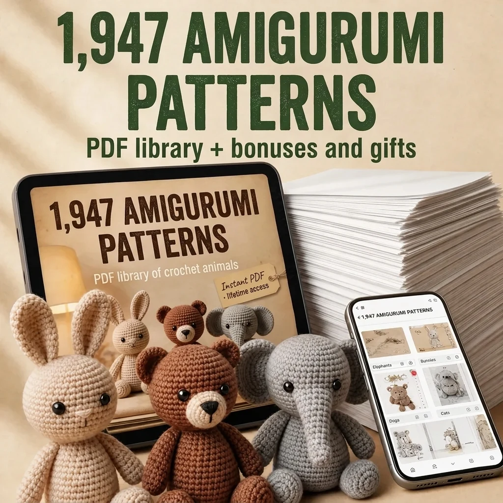 Amigurumi pattern library on a tablet and a phone, with animal folders such as elephants, bunnies, dogs and cats