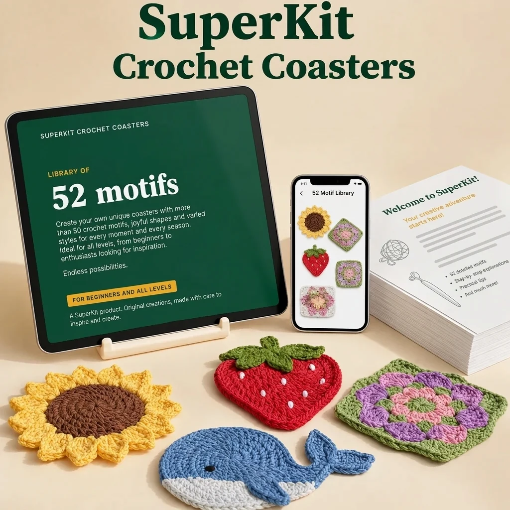 Crochet coaster motif library on a tablet and phone, with sunflower, strawberry, whale and granny-square coasters