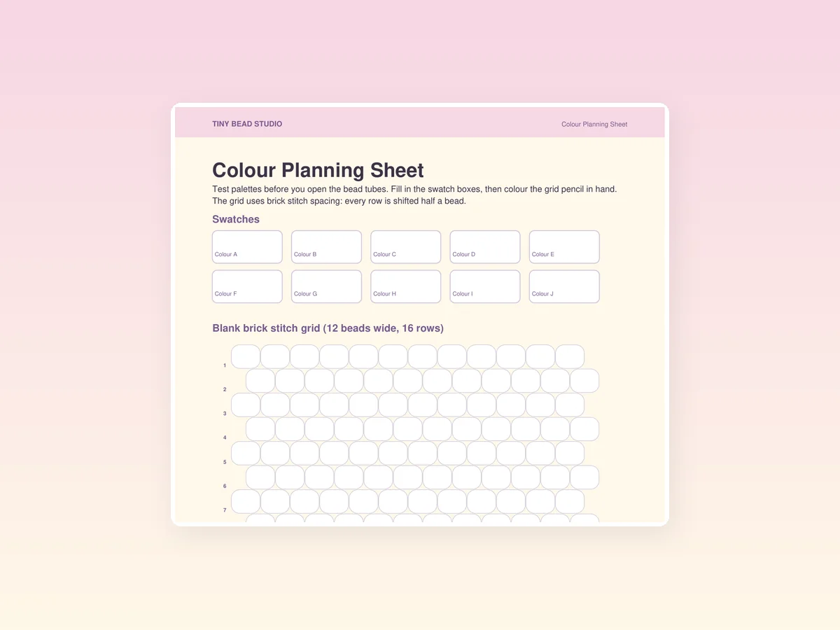 Colour planning sheet and finished charm patterns