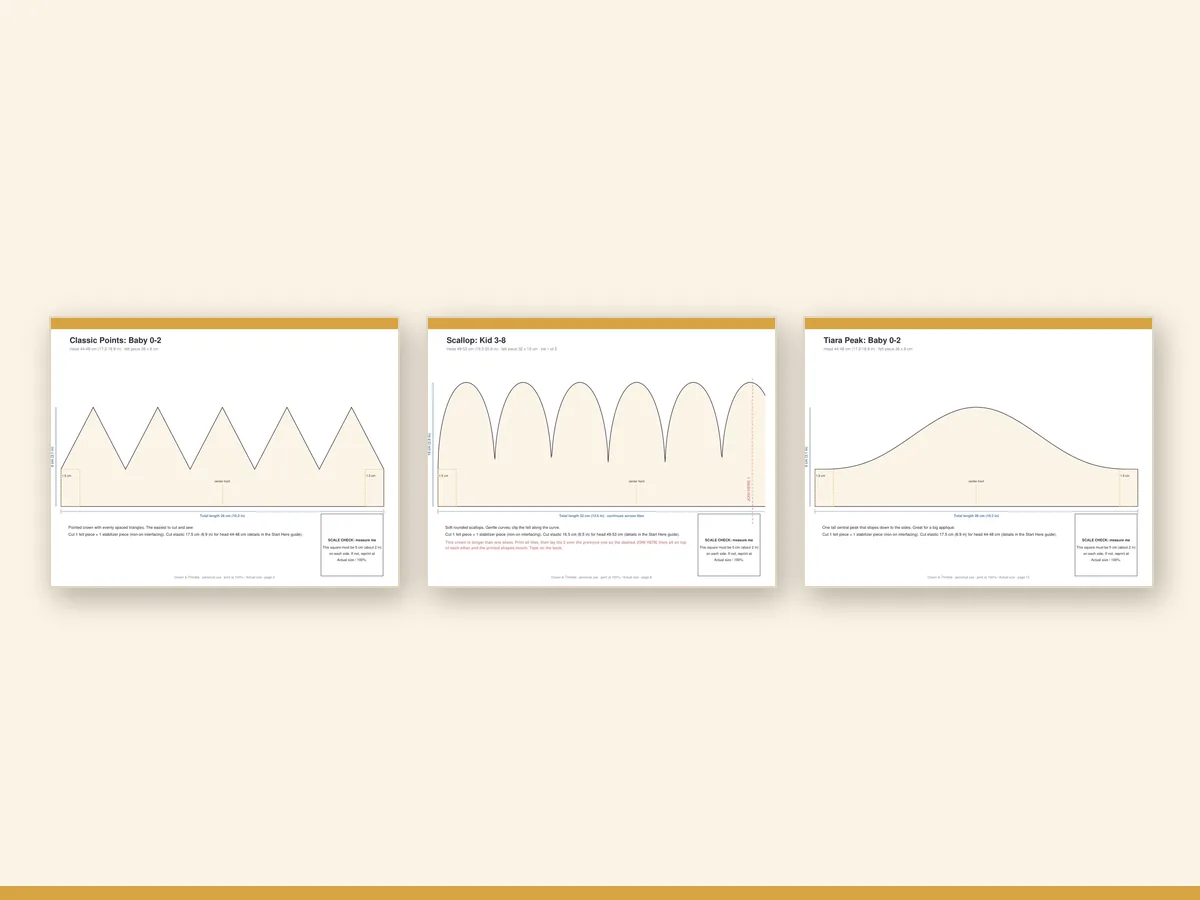 Preview of the printable crown pattern pages: Classic Points, Scallop and Tiara Peak