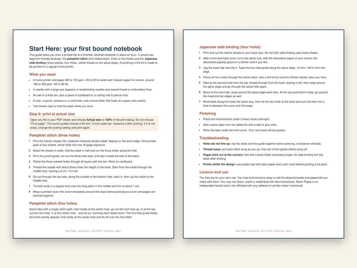 Printed notebook interiors, a punch guide and a stitched notebook on a table
