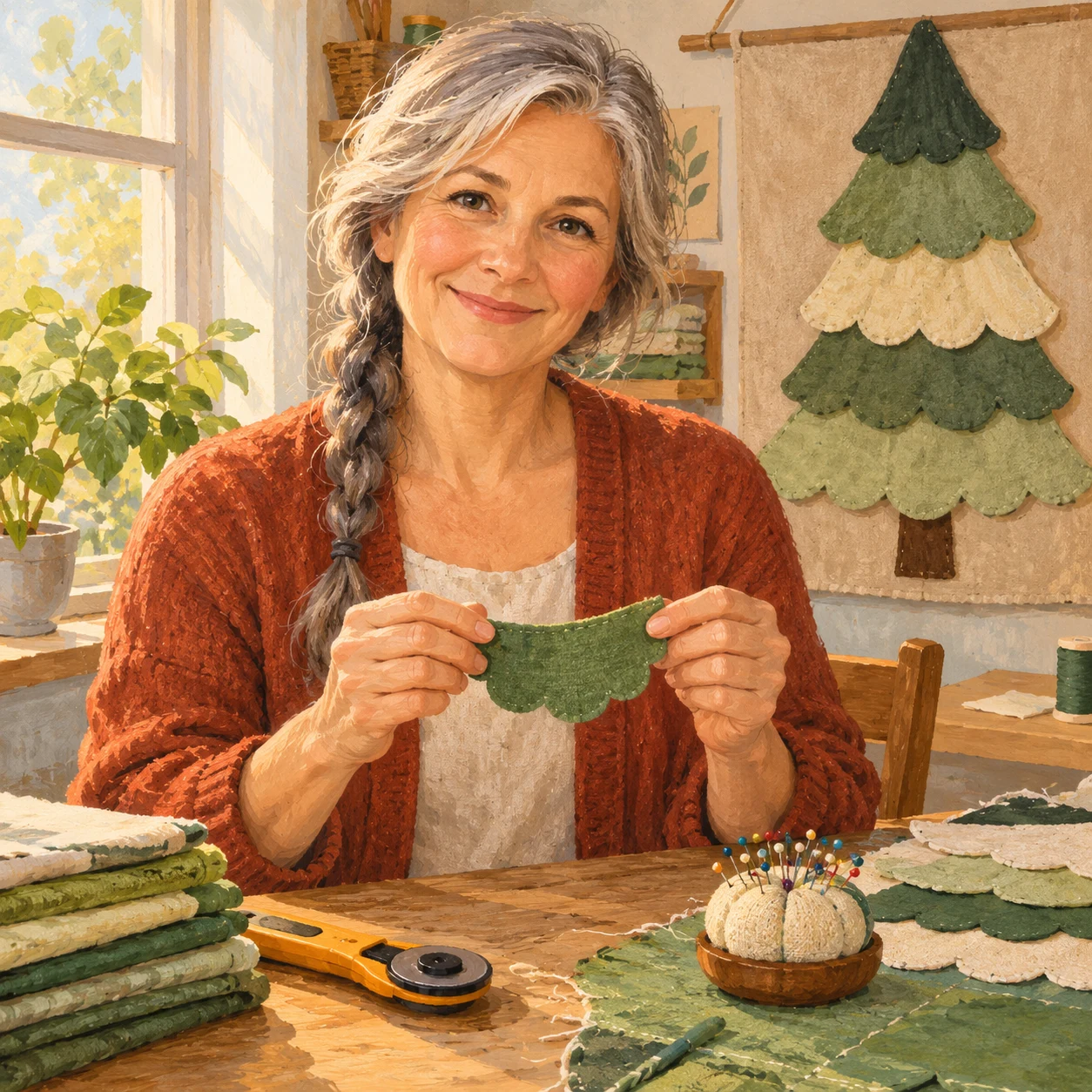 Smiling woman holding a small green applique shape at a table with fat quarters, a rotary cutter and layered tree hangings