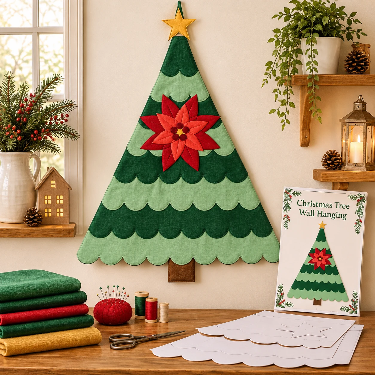 Scalloped green Christmas tree wall hanging with a red poinsettia, hung beside printed pattern pages and fat quarters