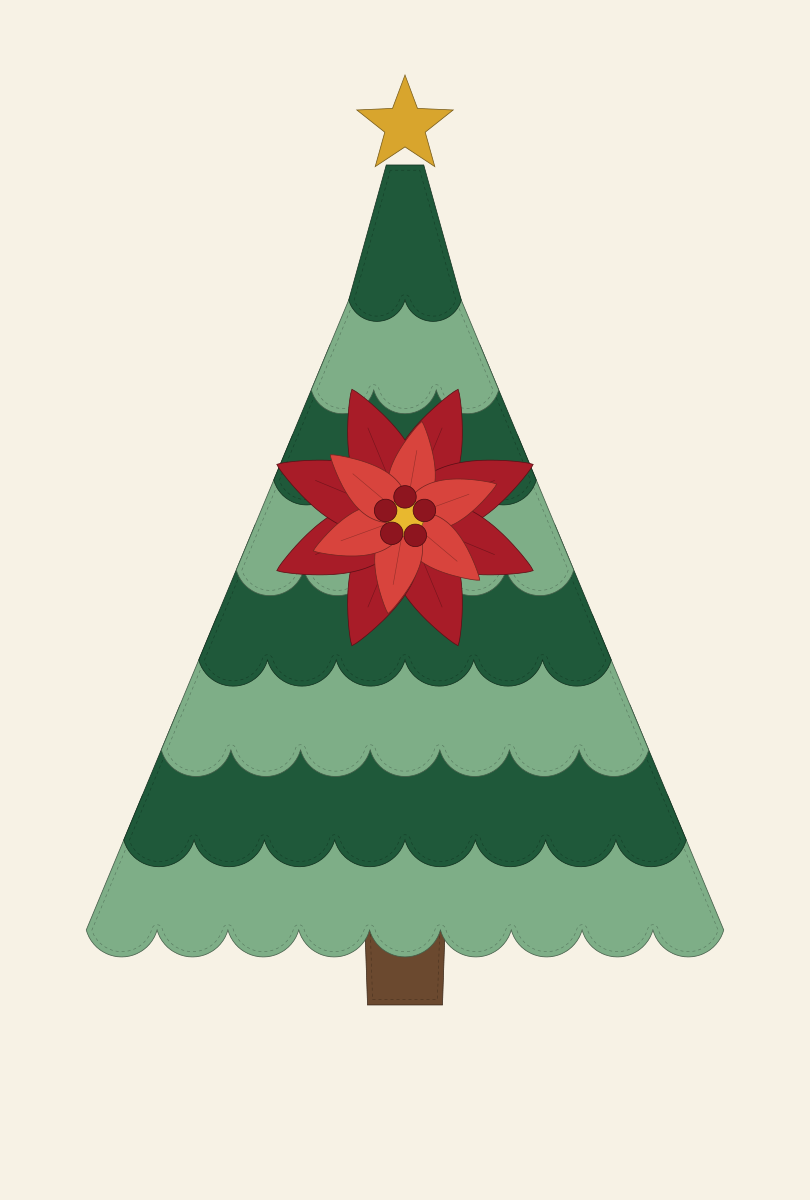 Design of a layered green Christmas tree wall hanging with a red poinsettia and gold star on a cream background