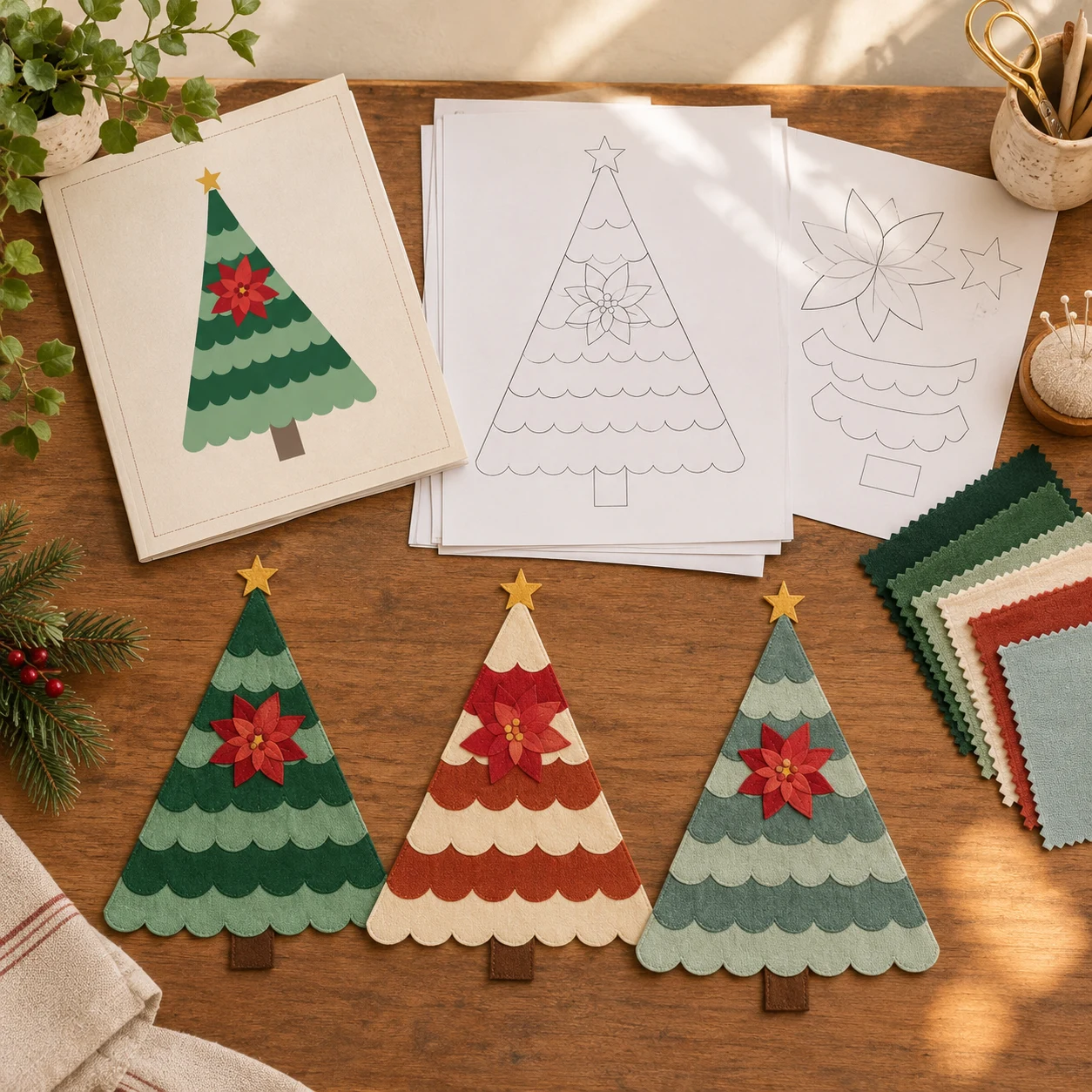Layered Christmas tree wall hanging in three colorways with printed templates