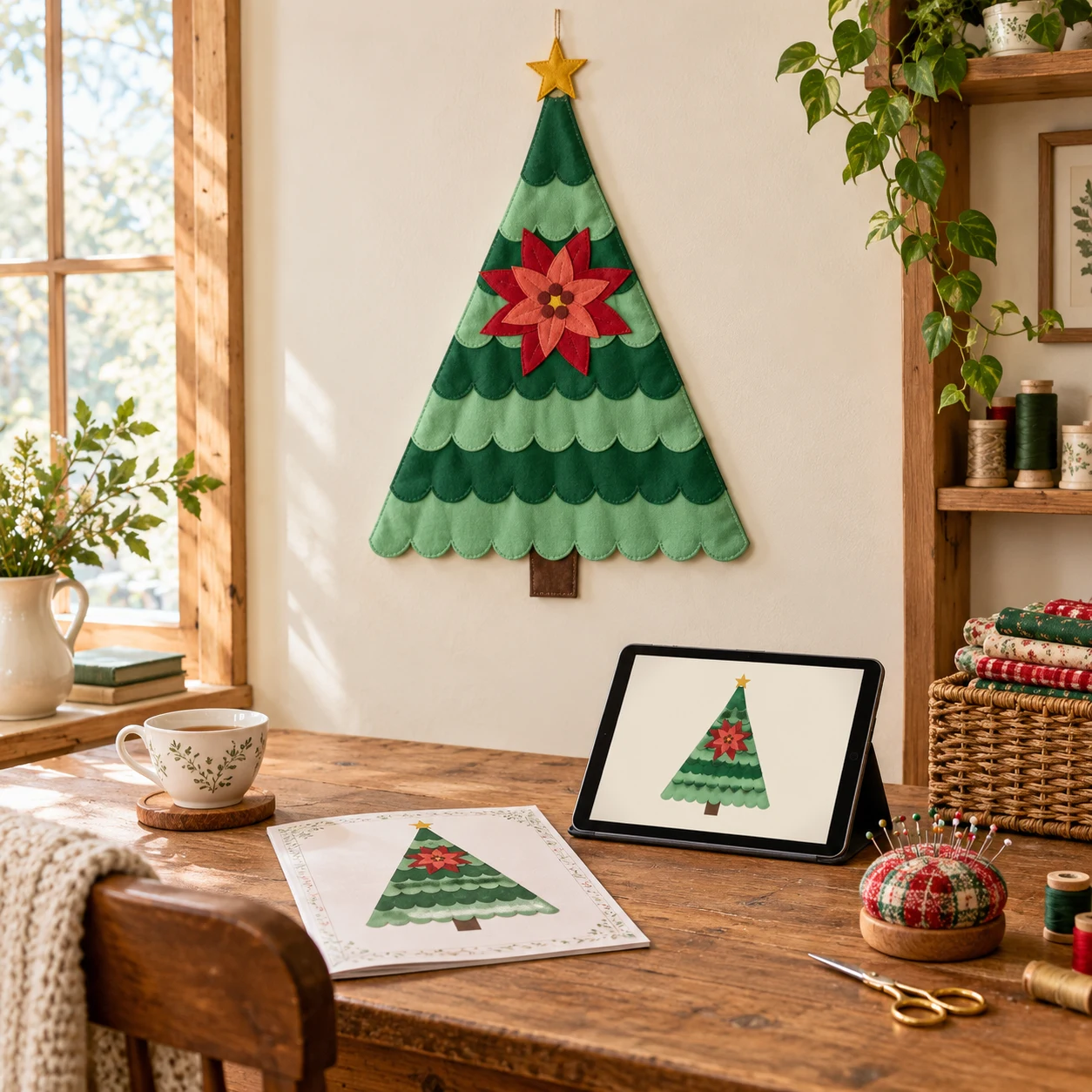 Quilted green Christmas tree wall hanging with a red poinsettia on a cream wall above a desk with a tablet and pattern