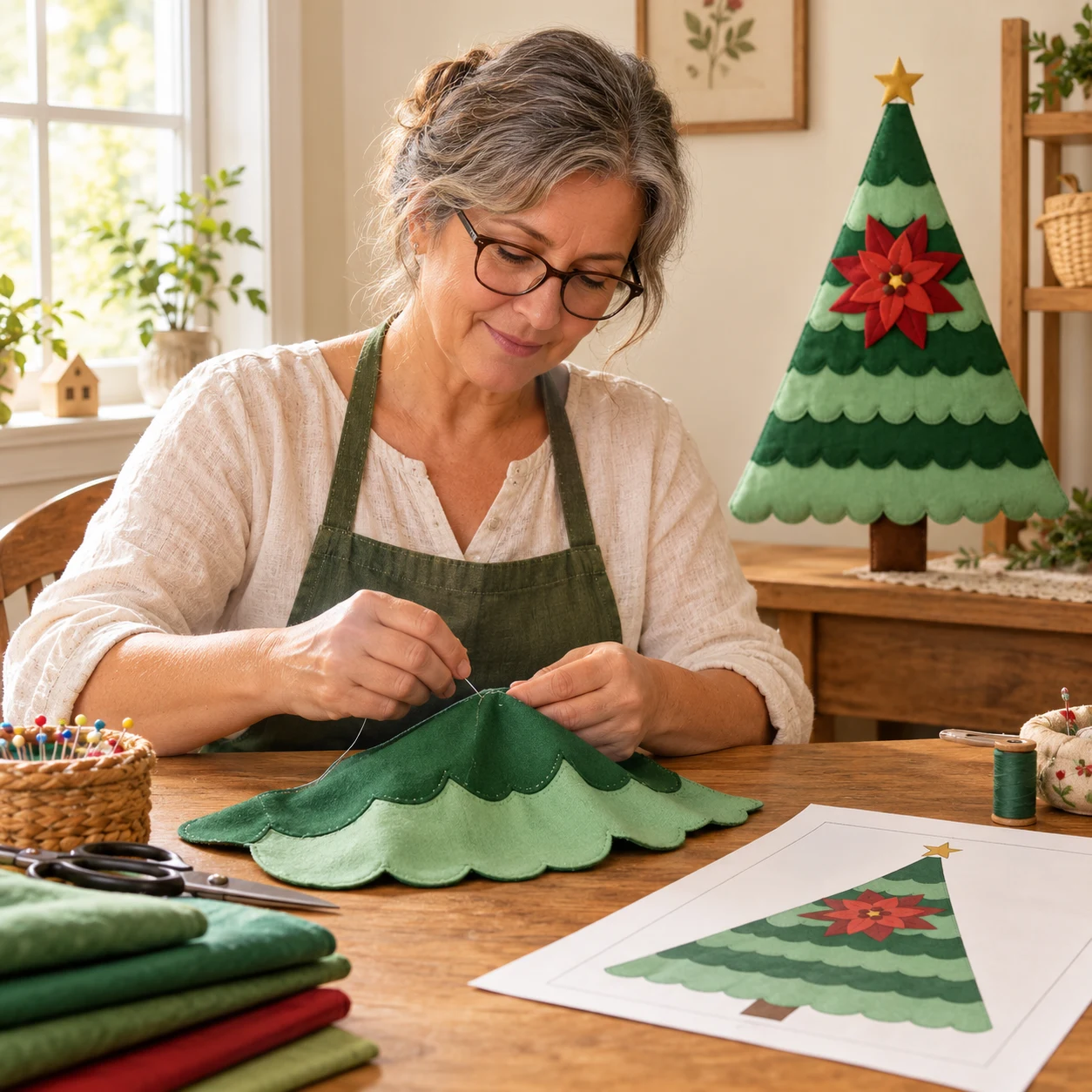 Woman stitching a scalloped green Christmas tree wall hanging at a wooden table beside printed templates