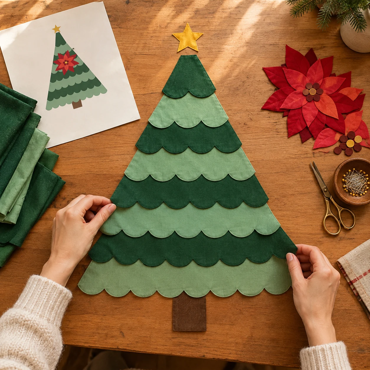 Hands smoothing a large layered green Christmas tree on a table beside red poinsettia pieces and fat quarters
