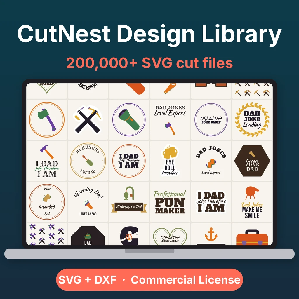 Design library cover showing a laptop grid of dad-joke SVG designs, SVG and DXF files and a commercial license