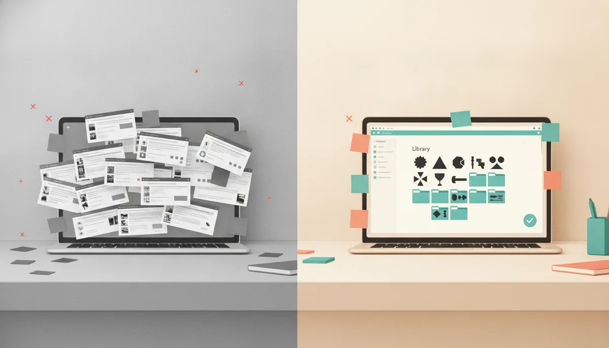 A messy laptop screen full of scattered files next to a laptop with one organised design library