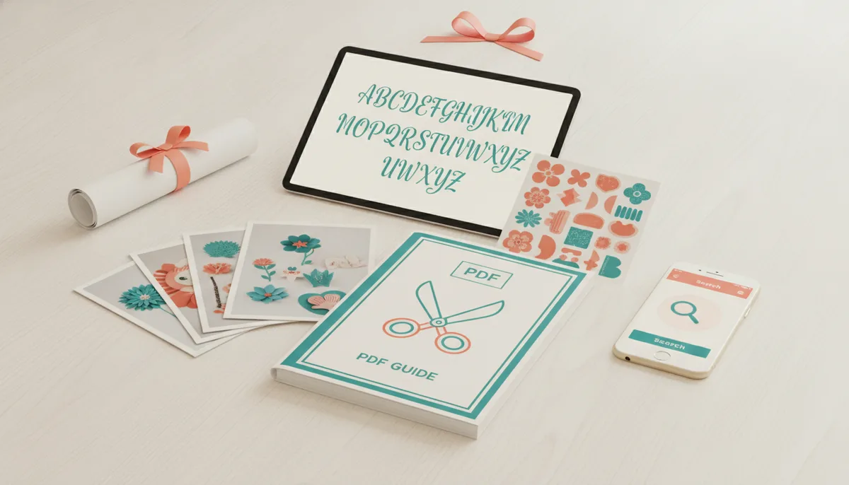 Script alphabet on a tablet with paper flower cards, a sticker sheet, a PDF guide and a phone