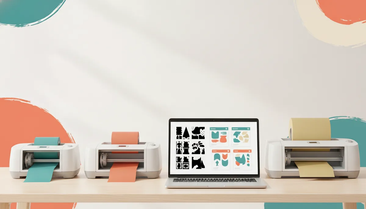 Three cutting machines in a row with a laptop showing cut-ready design files