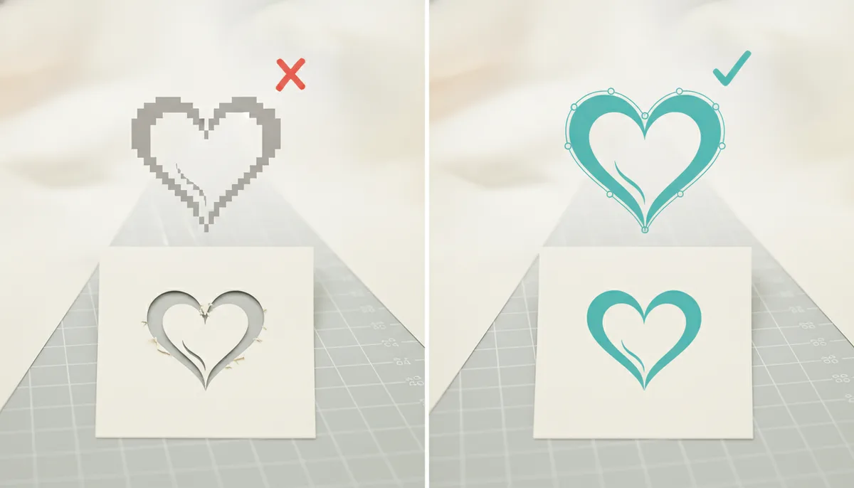 A pixelated heart that cuts rough next to a clean vector heart that cuts smoothly