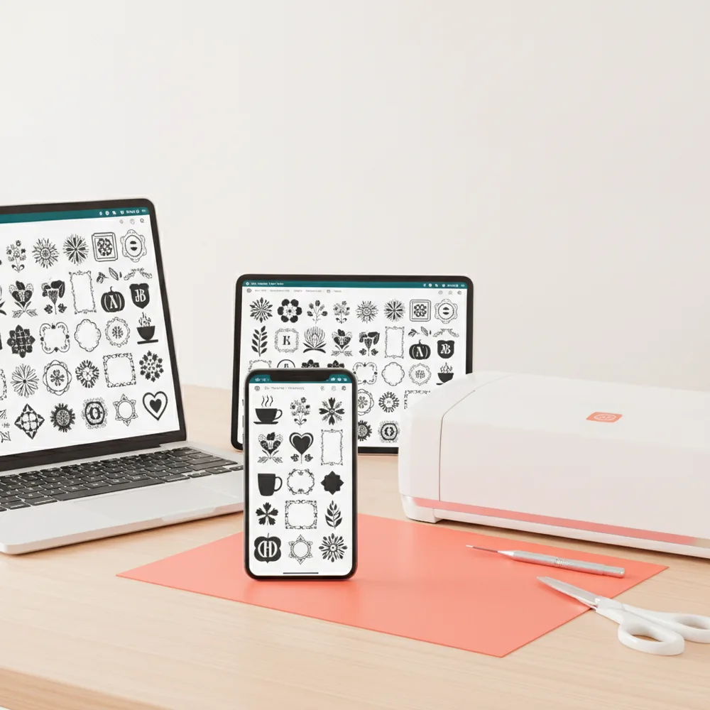 SVG design library open on a laptop, tablet and phone next to a cutting machine and coral vinyl
