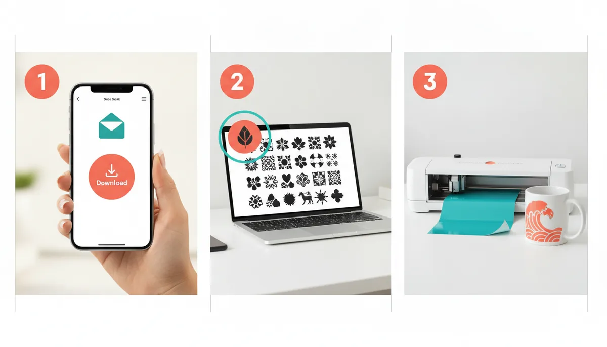 Three steps: download the files on a phone, open the library on a laptop, cut the design on a cutting machine
