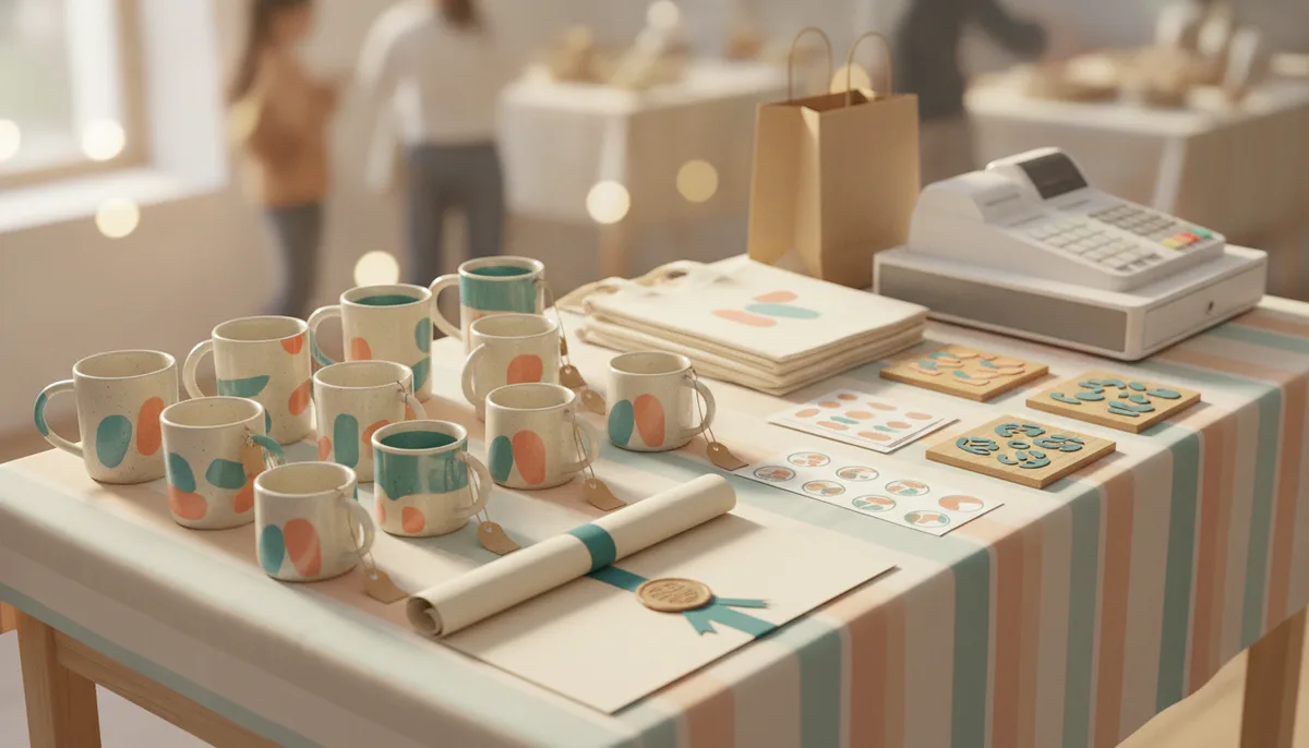 Craft fair table with printed mugs, tote bags, stickers and wooden signs ready to sell