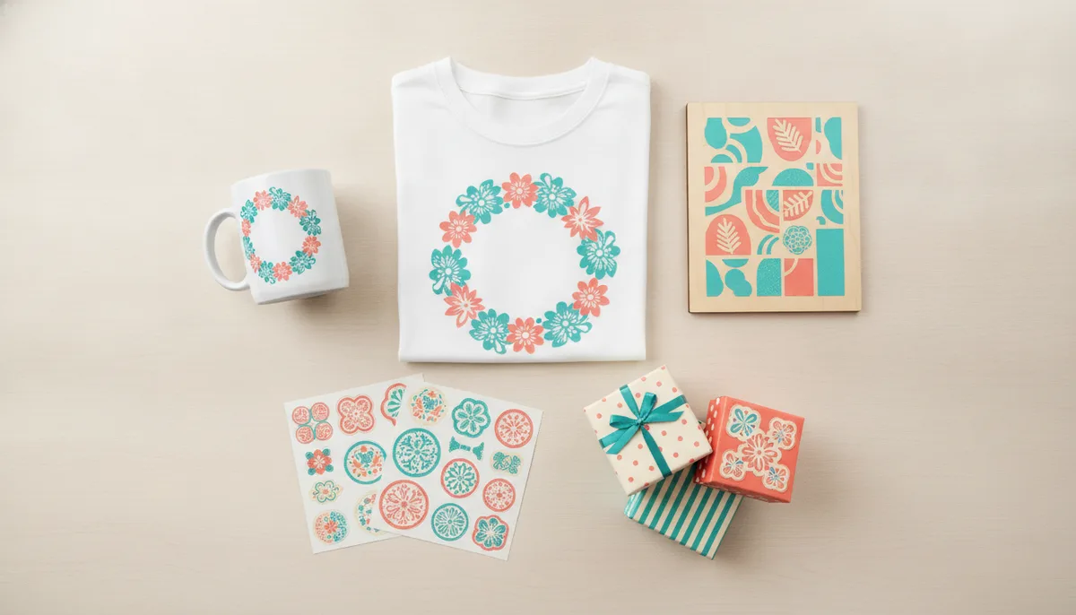 Floral wreath design on a T-shirt and a mug, with a wood panel, stickers and gift boxes