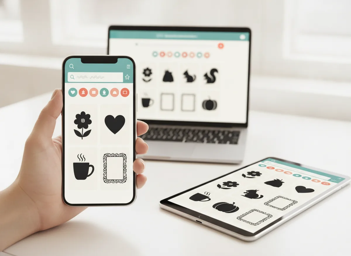 Searchable SVG design library with category filters on a phone, laptop and tablet
