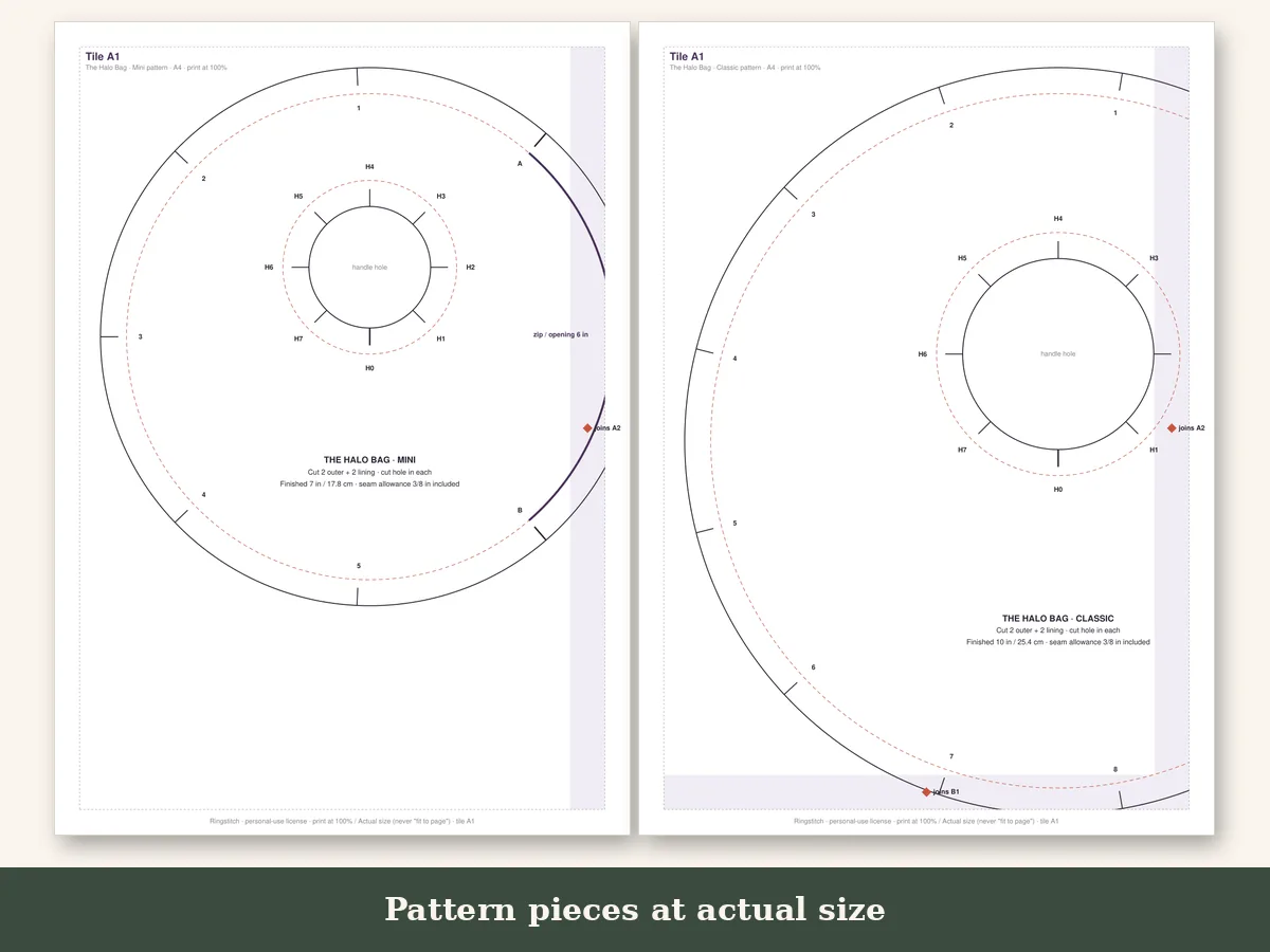 Three round bag pattern sizes laid out beside finished bags