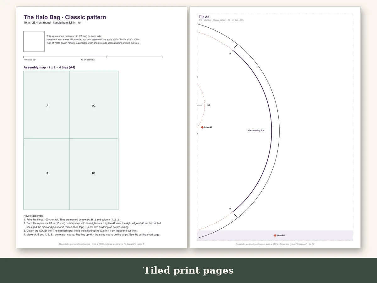 A4 and US Letter tiled pattern files with join marks and a test square
