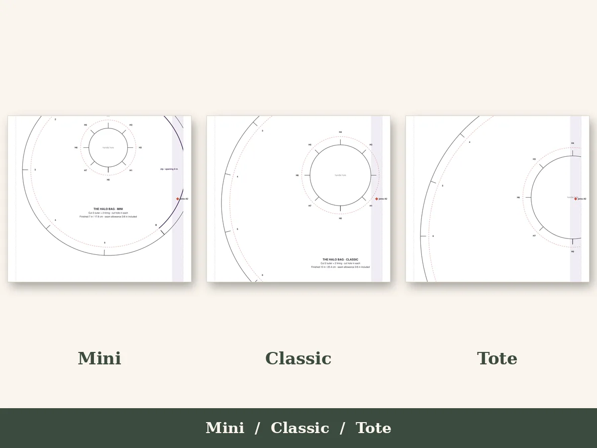 Three round bags in Mini, Classic and Tote sizes side by side