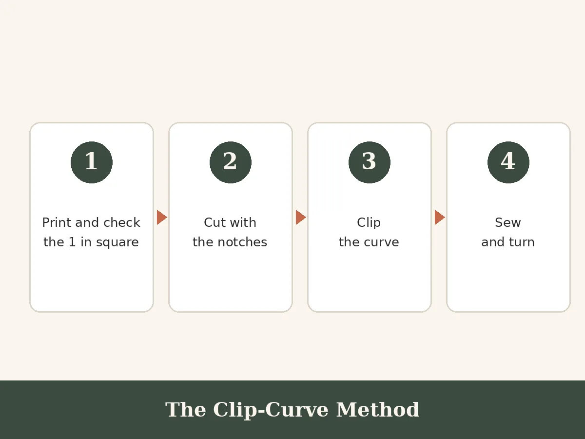 Diagram: print, cut, clip the curve, sew